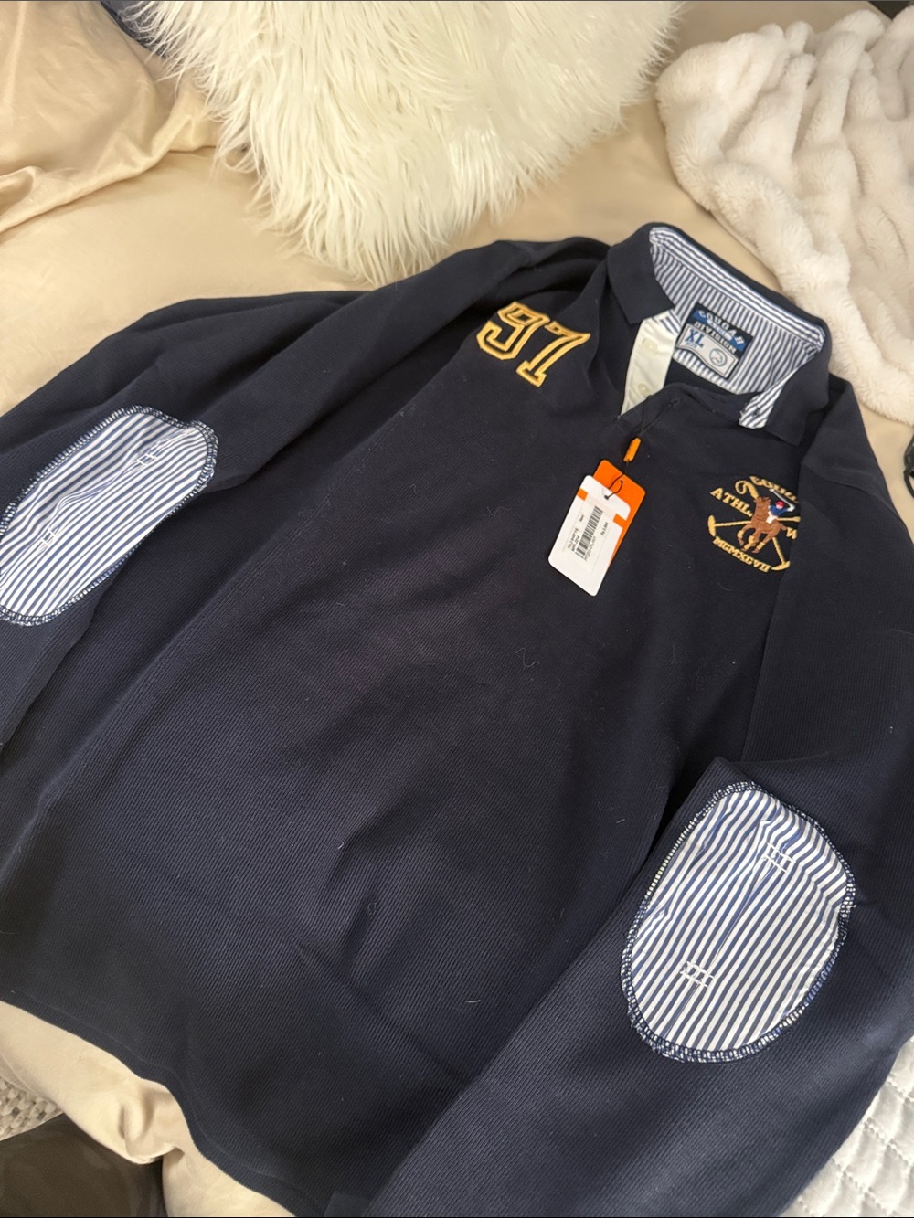 Navy Rugby Pullover with Gold Crest & Striped Accents